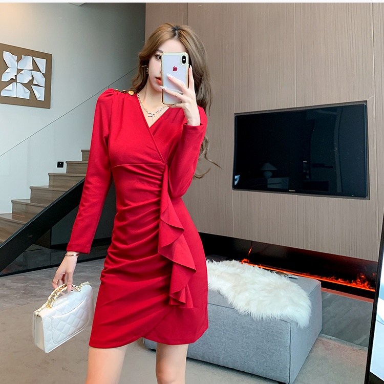 Tight long sleeve lotus leaf edges fashion package hip dress