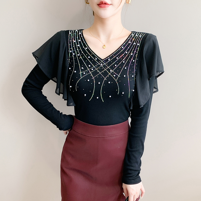 Long sleeve tops beading small shirt for women