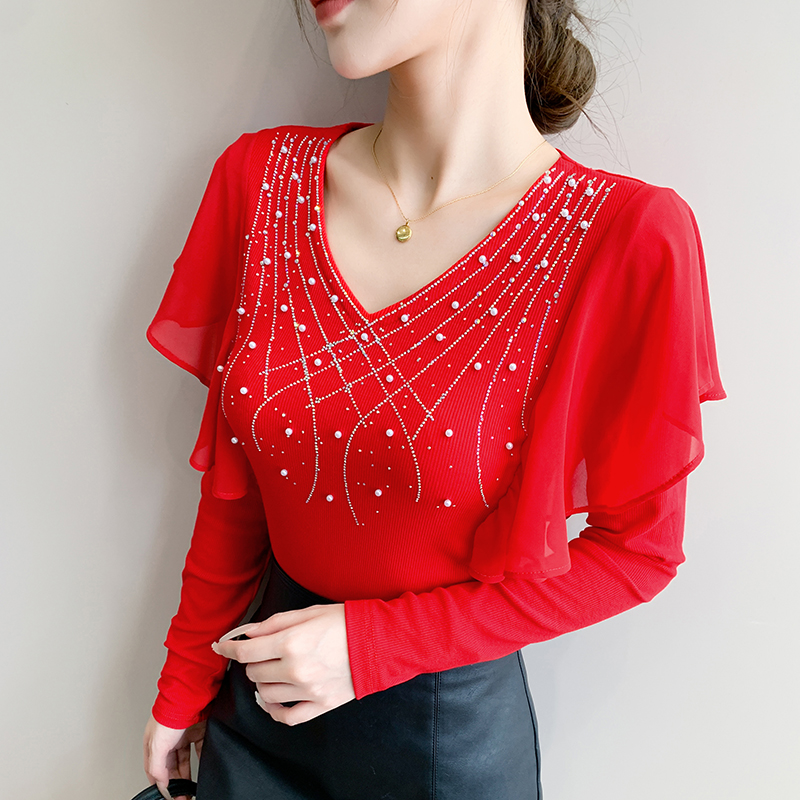 Long sleeve tops beading small shirt for women