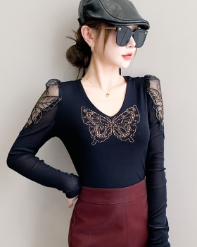 Long sleeve unique V-neck bottoming shirt lace gauze tops