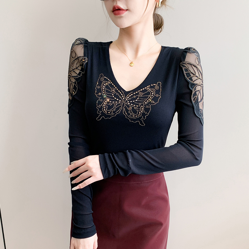 Long sleeve unique V-neck bottoming shirt lace gauze tops