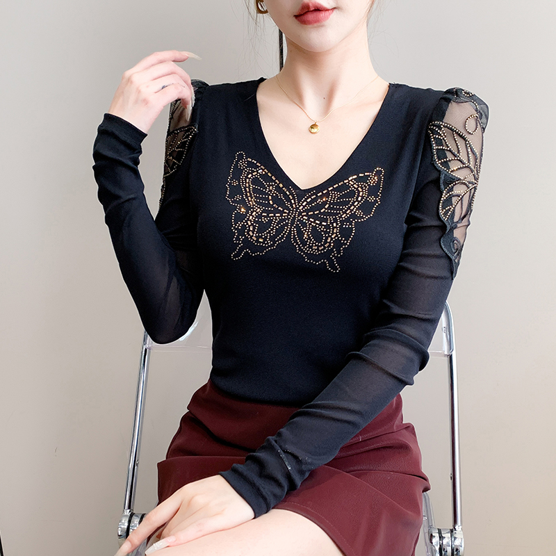 Long sleeve unique V-neck bottoming shirt lace gauze tops