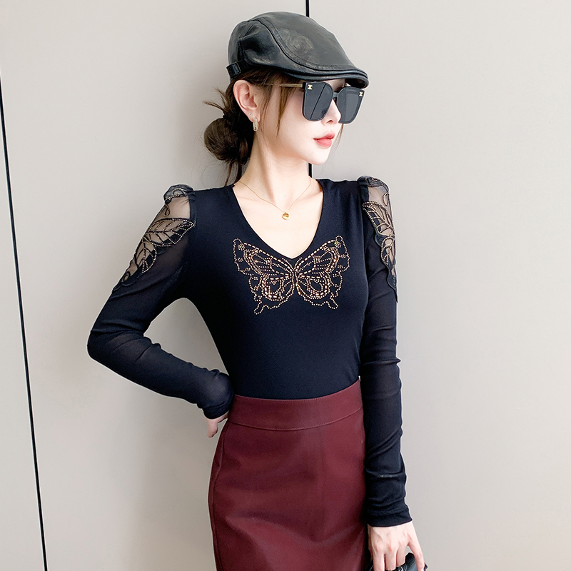 Long sleeve unique V-neck bottoming shirt lace gauze tops