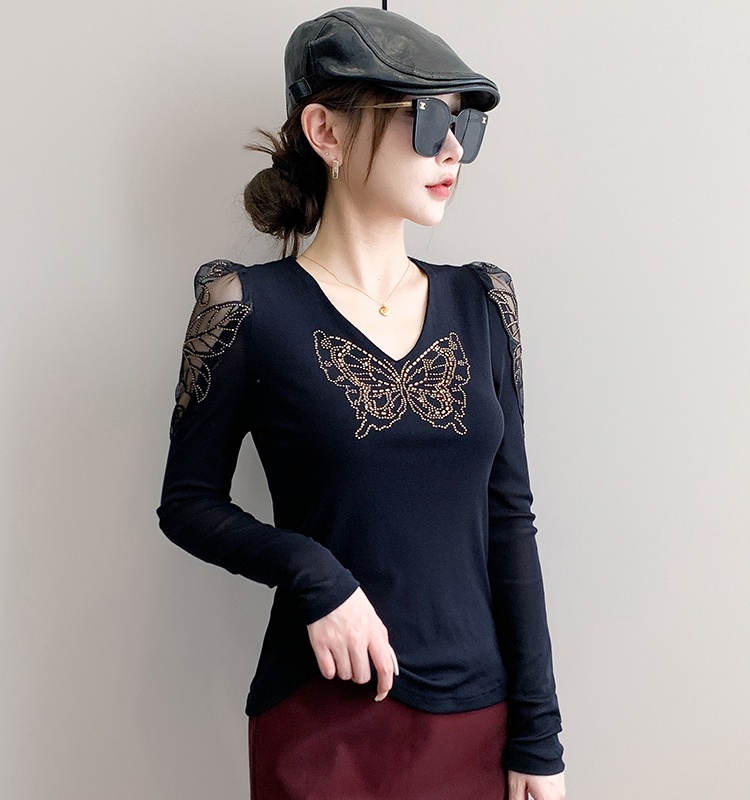 Long sleeve unique V-neck bottoming shirt lace gauze tops