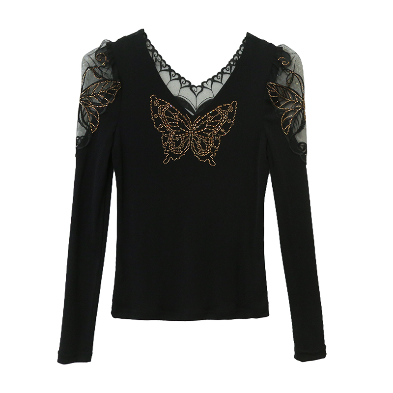 Long sleeve unique V-neck bottoming shirt lace gauze tops