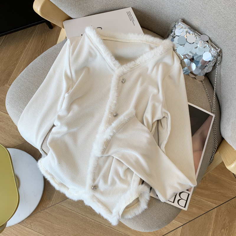 V-neck autumn long sleeve slim France style T-shirt