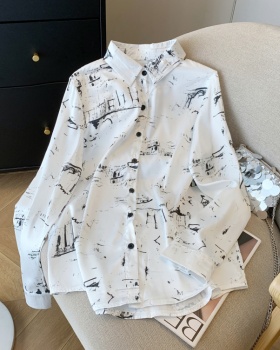 Satin printing tops graffiti long sleeve shirt for women
