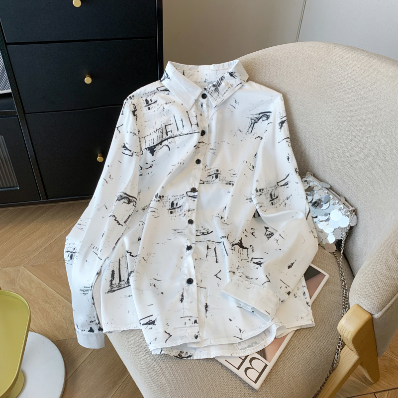 Satin printing tops graffiti long sleeve shirt for women