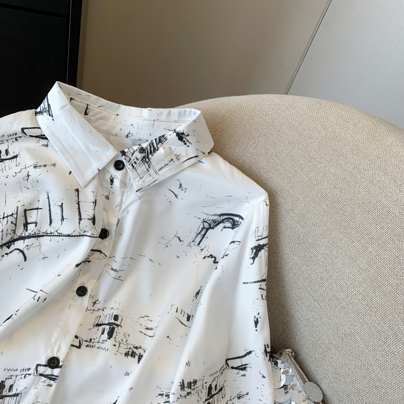 Satin printing tops graffiti long sleeve shirt for women