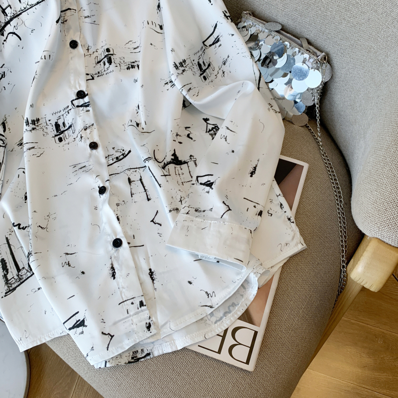 Satin printing tops graffiti long sleeve shirt for women