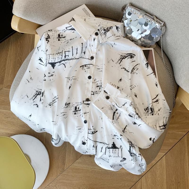 Satin printing tops graffiti long sleeve shirt for women