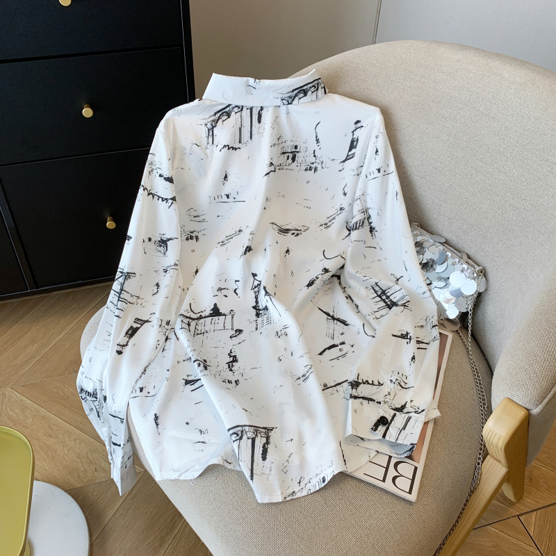 Satin printing tops graffiti long sleeve shirt for women