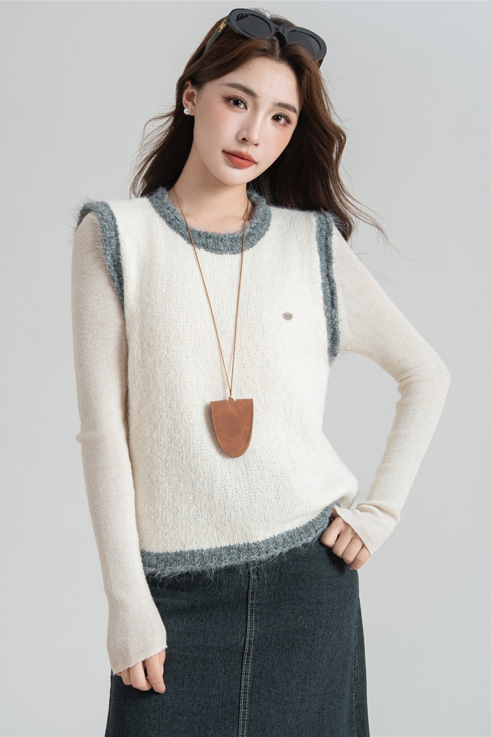 Sleeveless knitted waistcoat mixed colors all-match tops