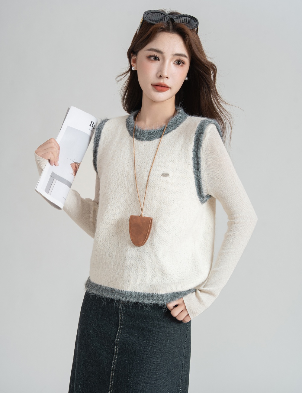 Sleeveless knitted waistcoat mixed colors all-match tops