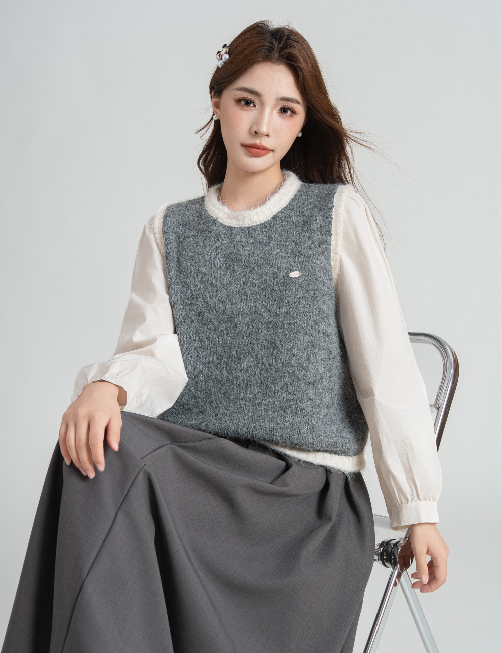 Sleeveless knitted waistcoat mixed colors all-match tops