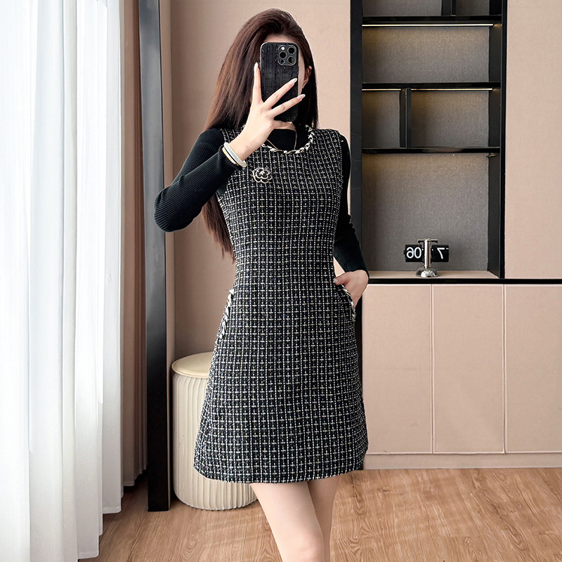 Temperament strap dress woolen dress a set for women
