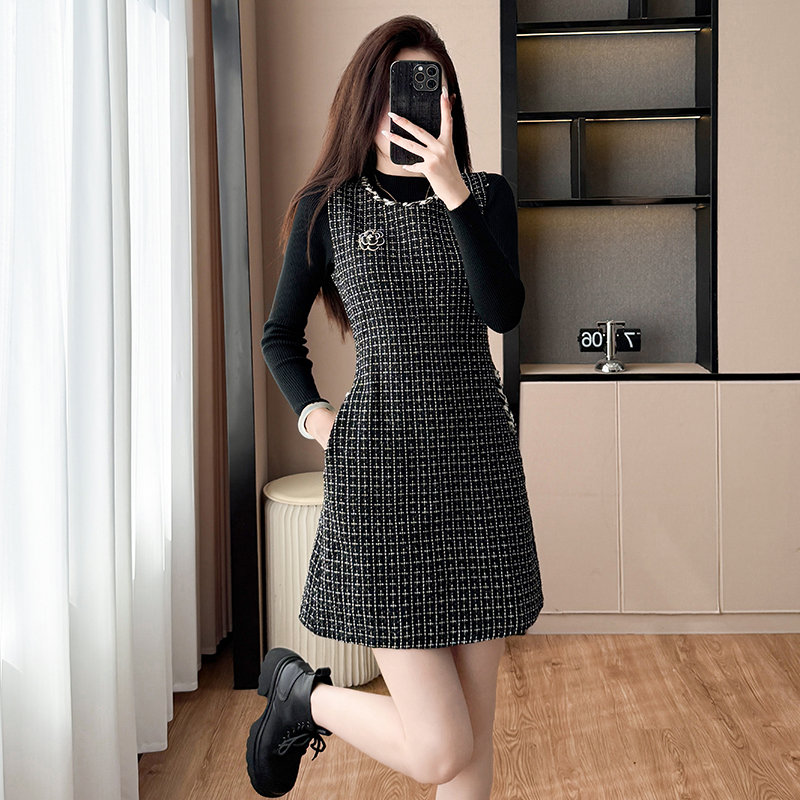 Temperament strap dress woolen dress a set for women