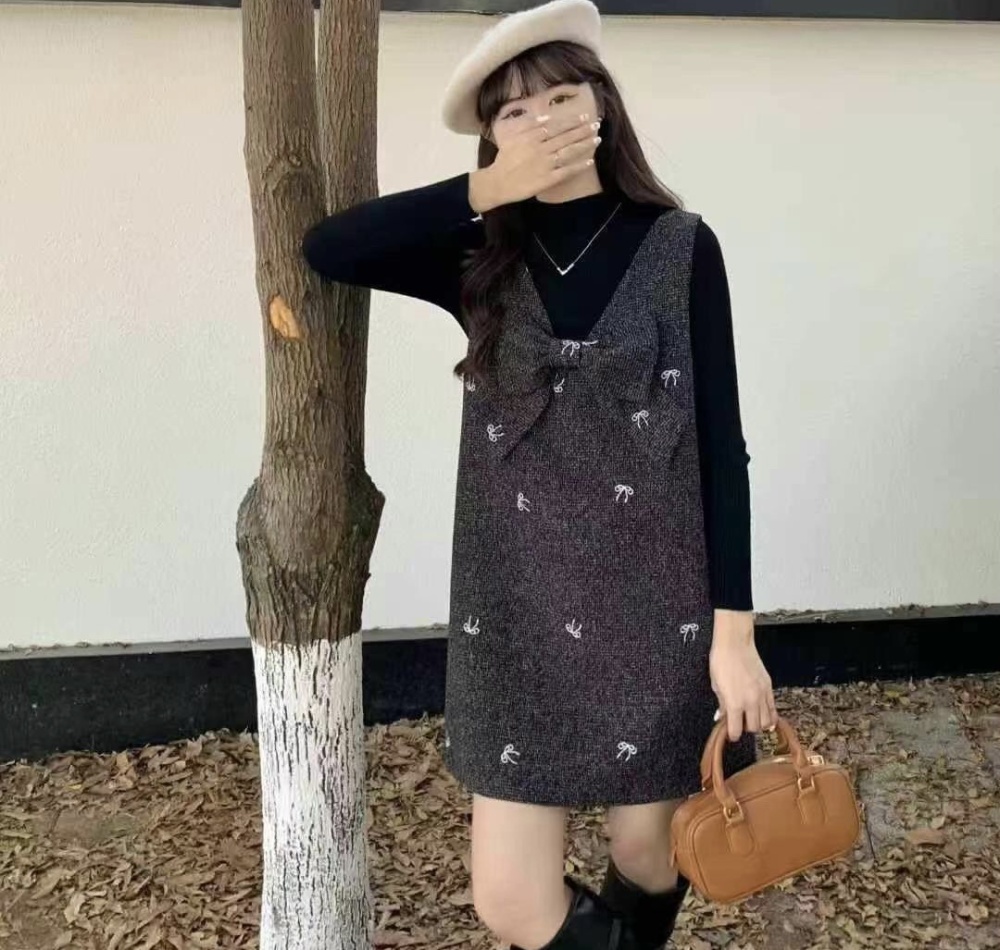 Bow V-neck dress embroidery autumn sweater a set