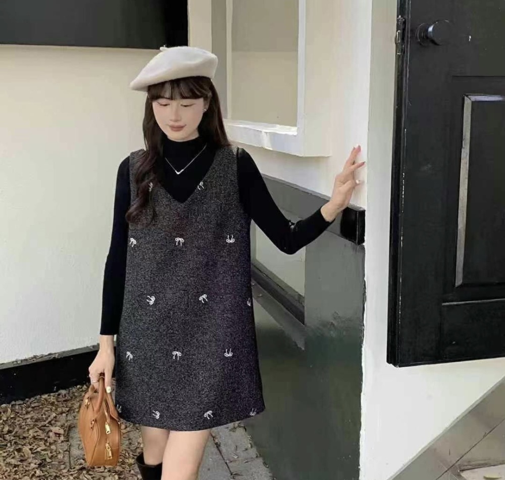 Bow V-neck dress embroidery autumn sweater a set