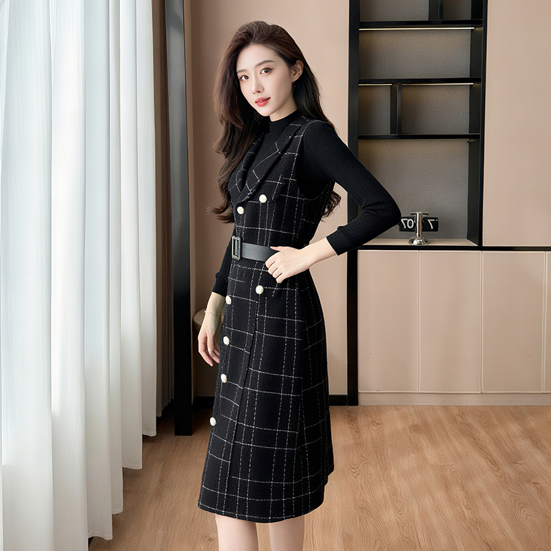 France style sleeveless dress plaid sweater a set