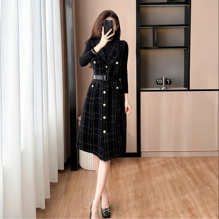 France style sleeveless dress plaid sweater a set