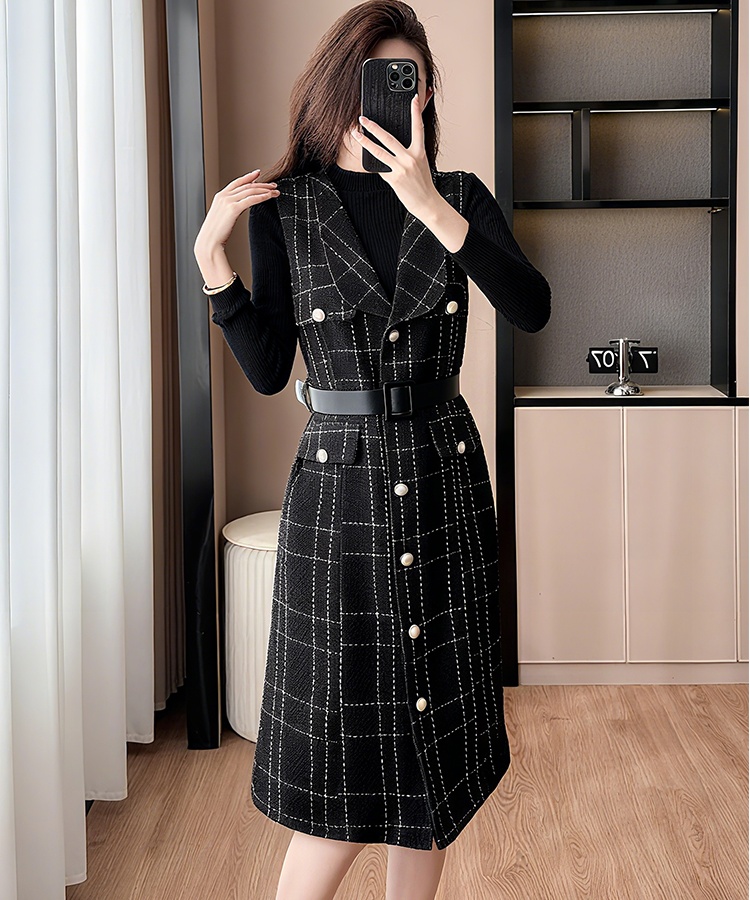 France style sleeveless dress plaid sweater a set