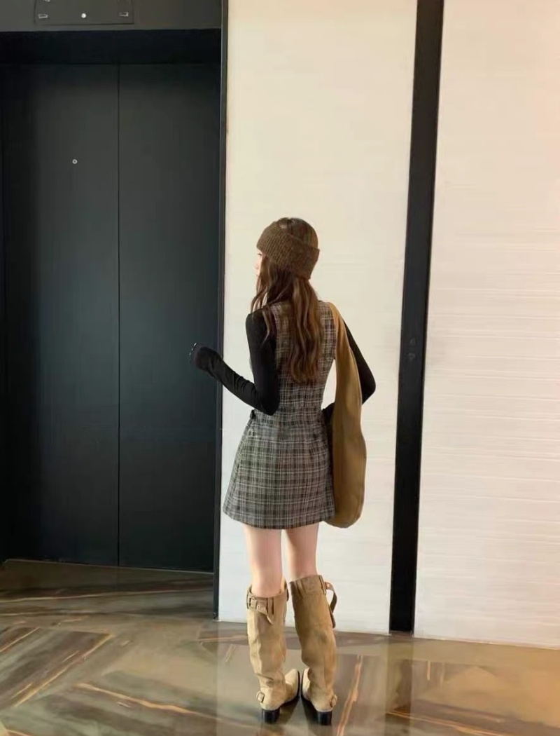 Sleeveless European style dress plaid fashion T-back a set