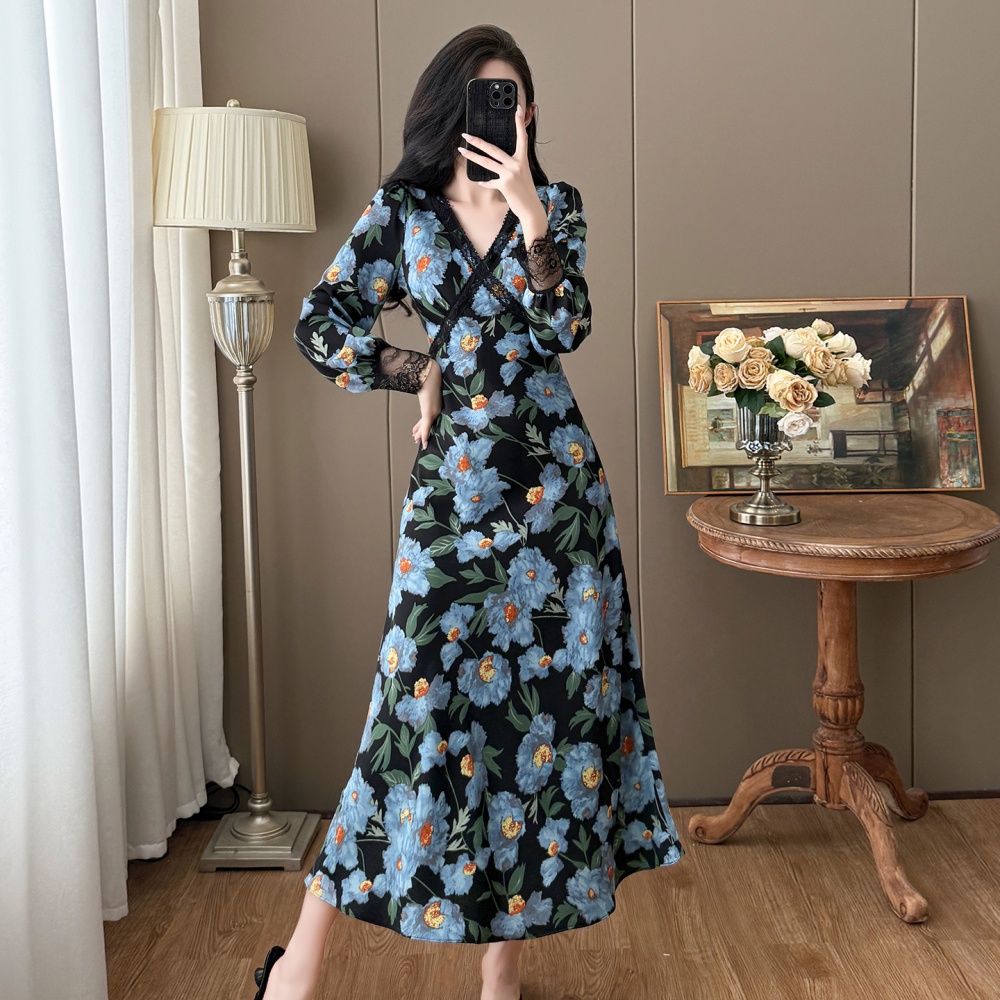 Printing large yard long France style V-neck dress
