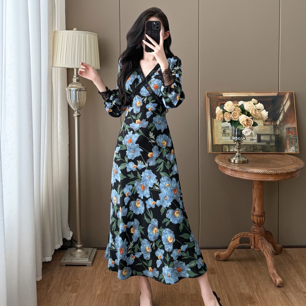 Printing large yard long France style V-neck dress