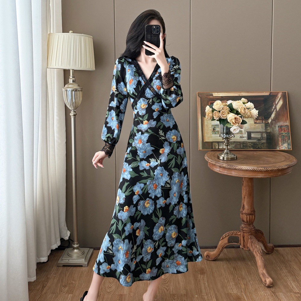 Printing large yard long France style V-neck dress