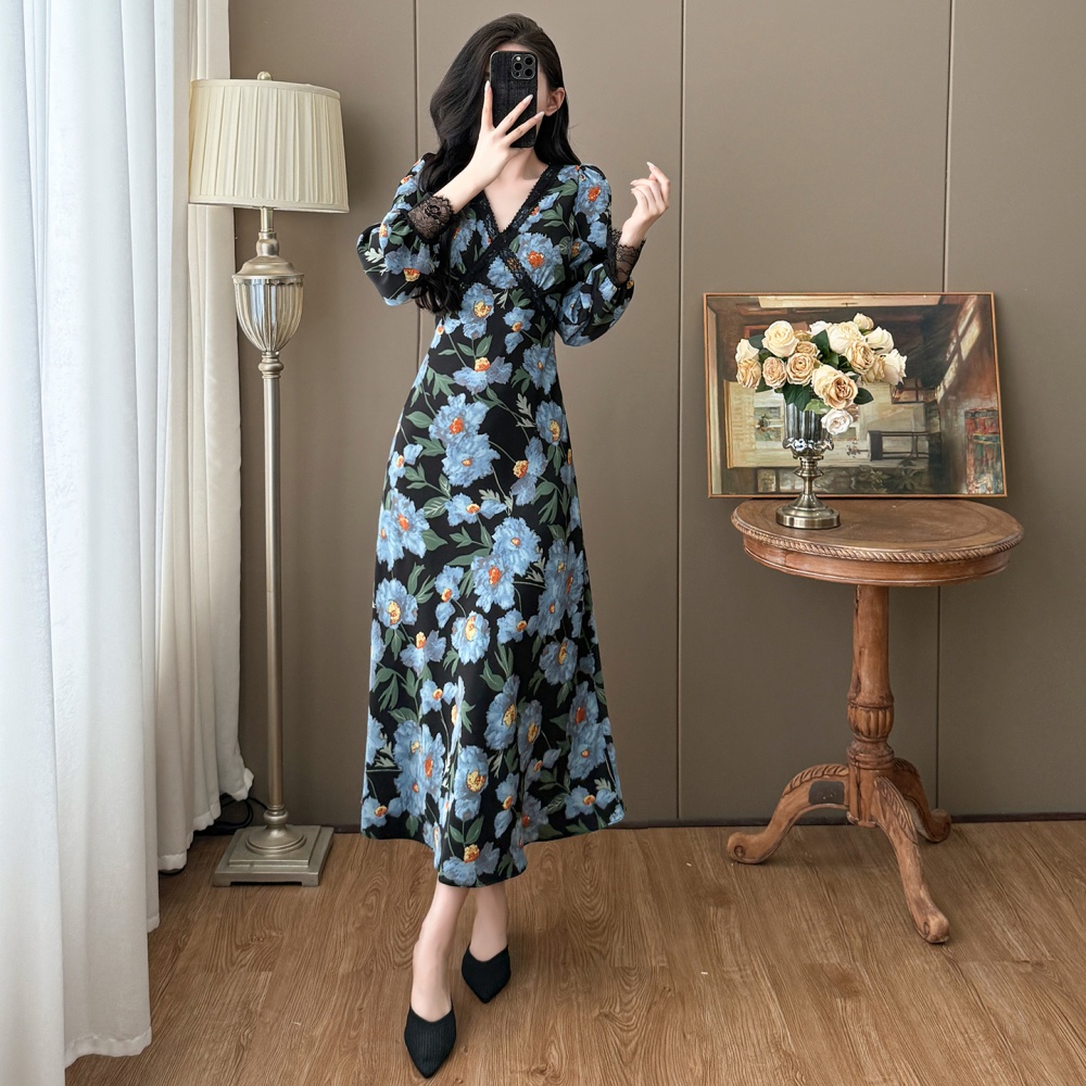 Printing large yard long France style V-neck dress