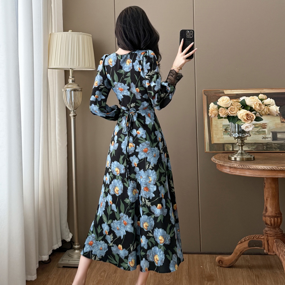Printing large yard long France style V-neck dress
