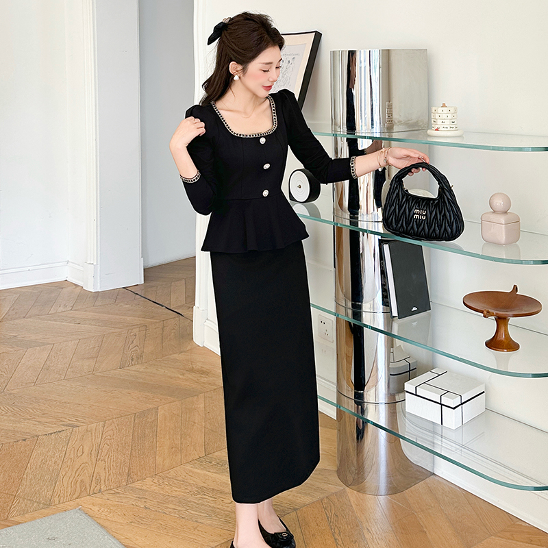 Pseudo-two elegant large yard square collar ladies slim dress