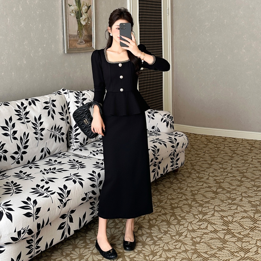 Pseudo-two elegant large yard square collar ladies slim dress
