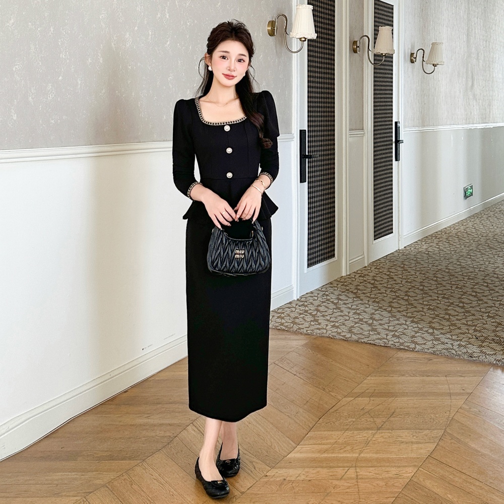 Pseudo-two elegant large yard square collar ladies slim dress