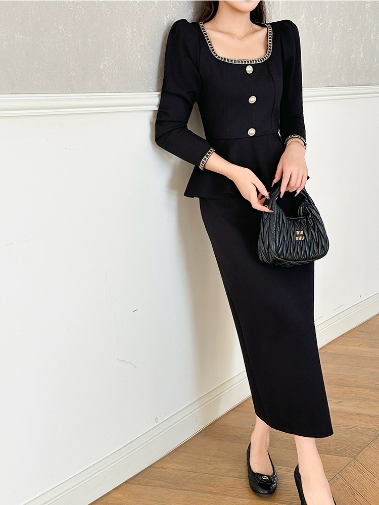 Pseudo-two elegant large yard square collar ladies slim dress