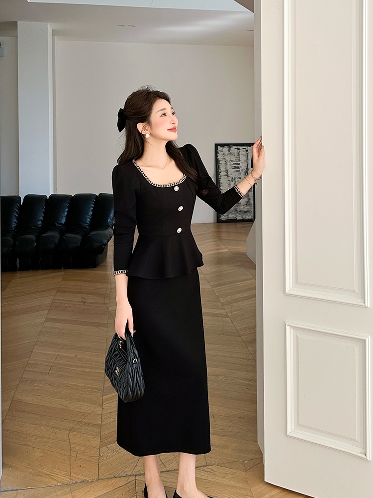 Pseudo-two elegant large yard square collar ladies slim dress