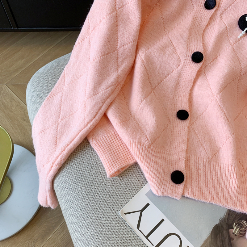 Sweet bow short cardigan beading long sleeve tops for women