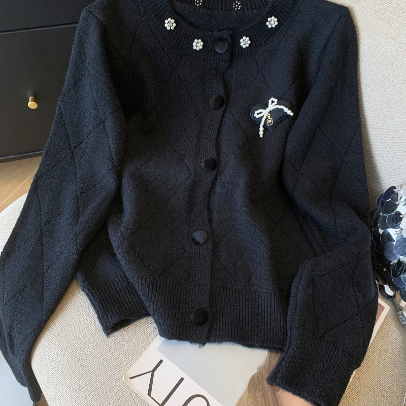 Sweet bow short cardigan beading long sleeve tops for women