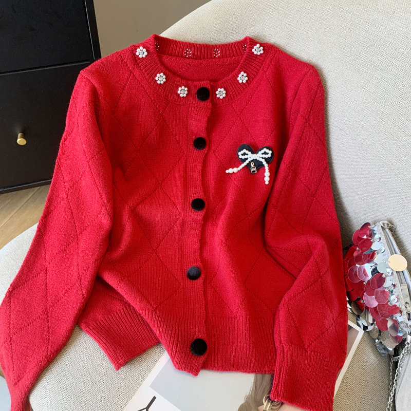 Sweet bow short cardigan beading long sleeve tops for women
