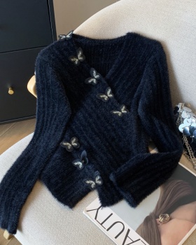 Black V-neck tops mohair sweater for women