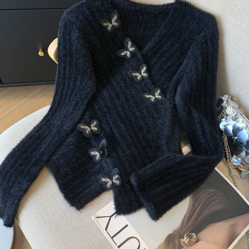 Black V-neck tops mohair sweater for women