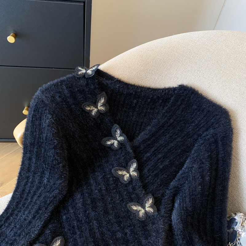 Black V-neck tops mohair sweater for women