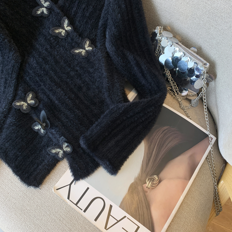 Black V-neck tops mohair sweater for women