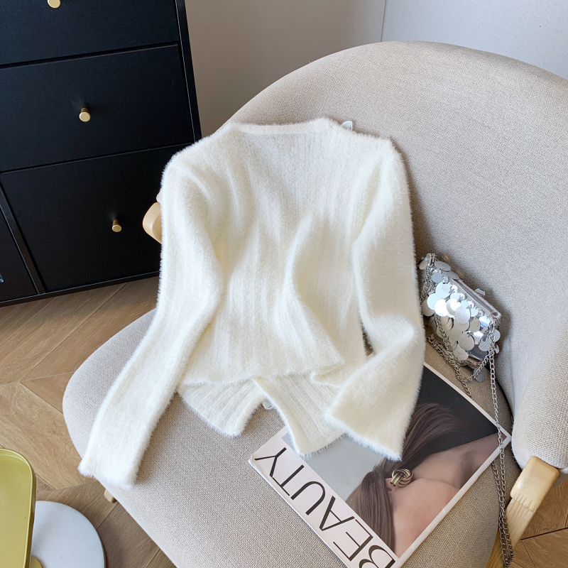 Black V-neck tops mohair sweater for women