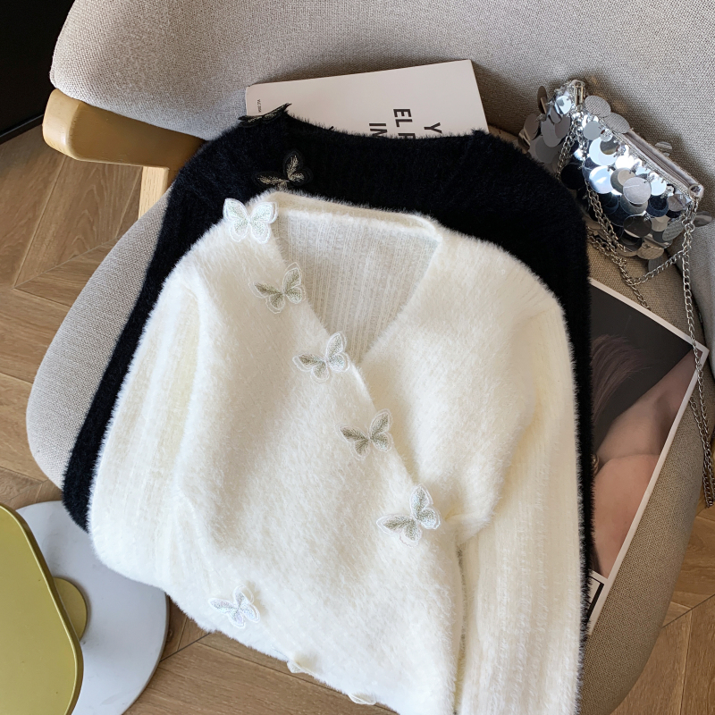 Black V-neck tops mohair sweater for women