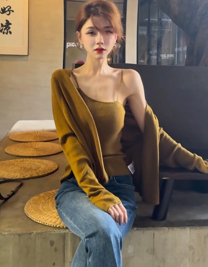 Korean style fashion autumn temperament slim cardigan 2pcs set