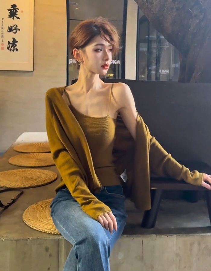 Korean style fashion autumn temperament slim cardigan 2pcs set
