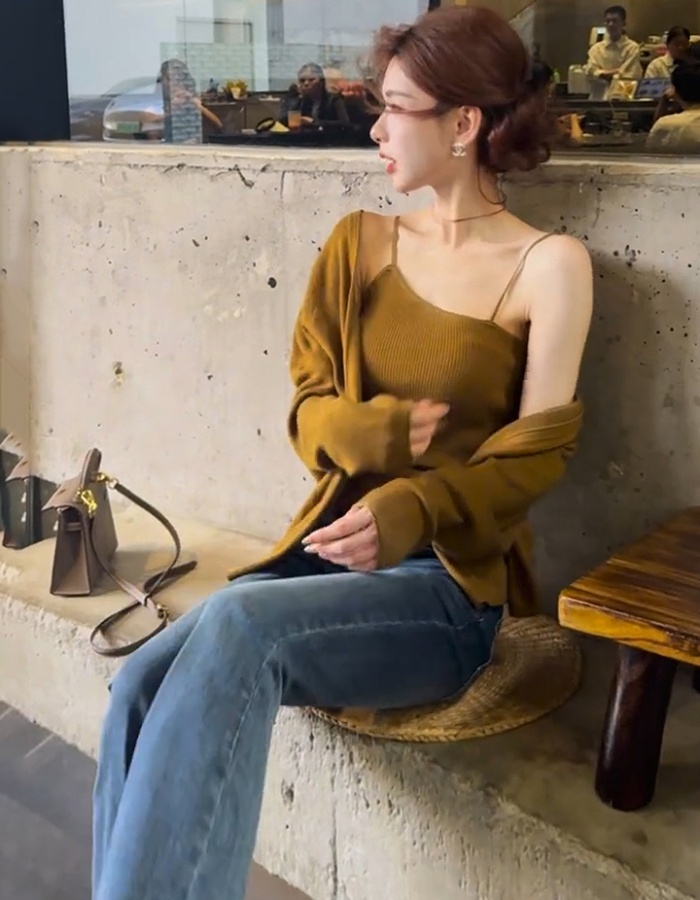 Korean style fashion autumn temperament slim cardigan 2pcs set
