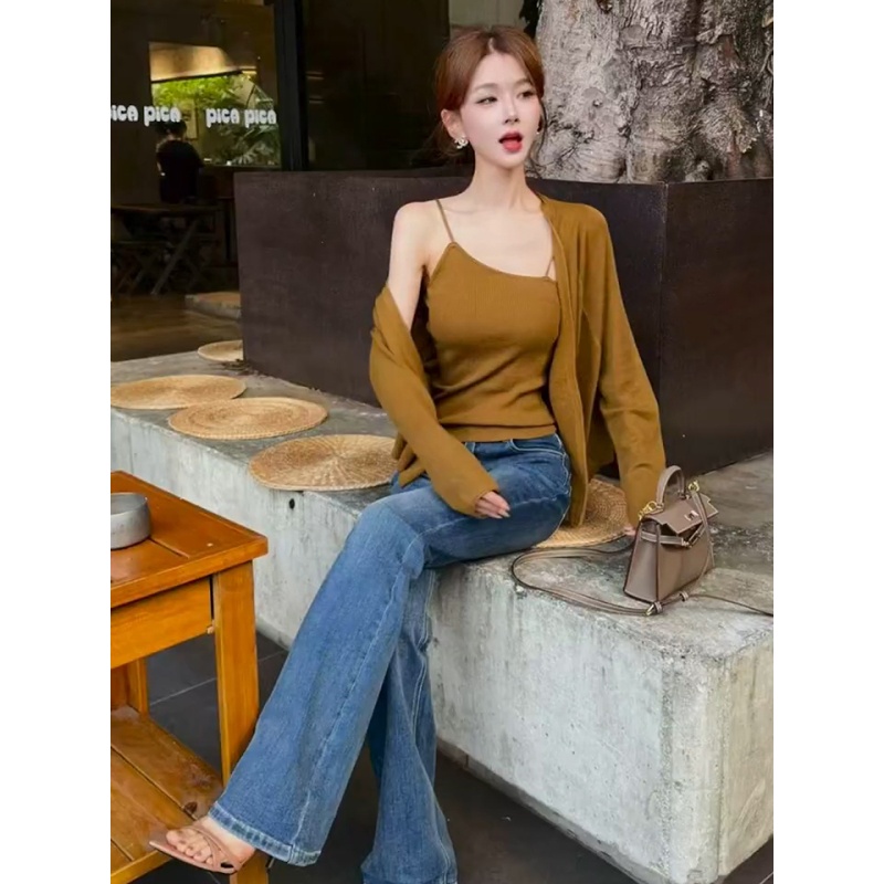 Korean style fashion autumn temperament slim cardigan 2pcs set